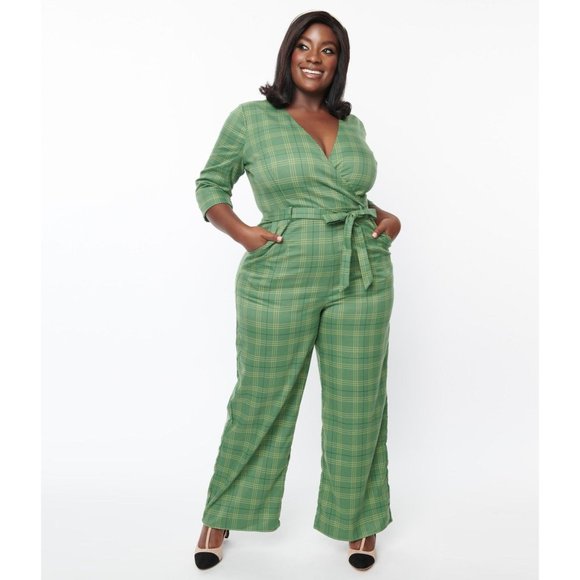 Collectif London Modcloth Florina Leaf Check Jumpsuit Plaid Green US M - Picture 1 of 8
